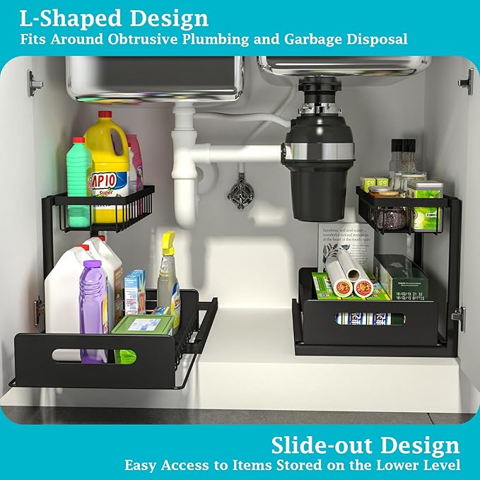 REALINN Under Sink Organizer, Pull Out Cabinet Organizer, 2 Tier Metal Slide Out Shelf with L Shaped Design for Kitchen, Bathroom, Laundry, and Utility Cabinet Storage for Deep Cabinets, Black, 1 Pack