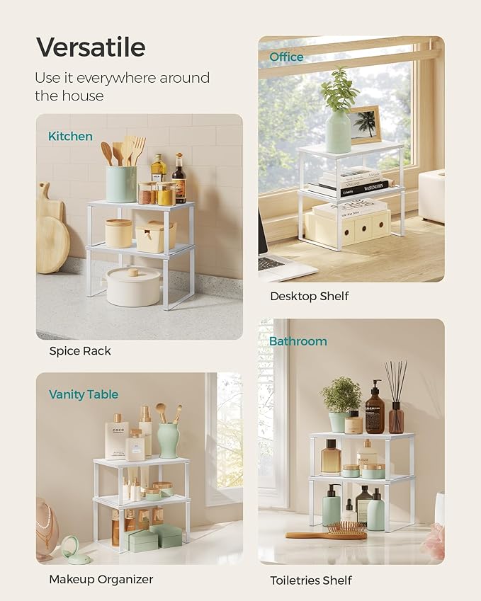 SONGMICS Cabinet Organizer Shelf, Set of 2 Kitchen Counter Shelves, Kitchen Storage, Spice Rack, Stackable, Expandable, Metal and Engineered Wood, 11.7 Inches, Cloud White and Snow White UKCS02W01