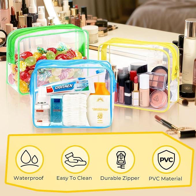 CHICAUP 6 Pieces Clear Makeup Bags Bulk TSA Approved Toiletry Bag for Travel PVC Waterproof Clear Cosmetic Pouch with Zipper for Men and Women Carry-on Travel Essentials (Yellow)