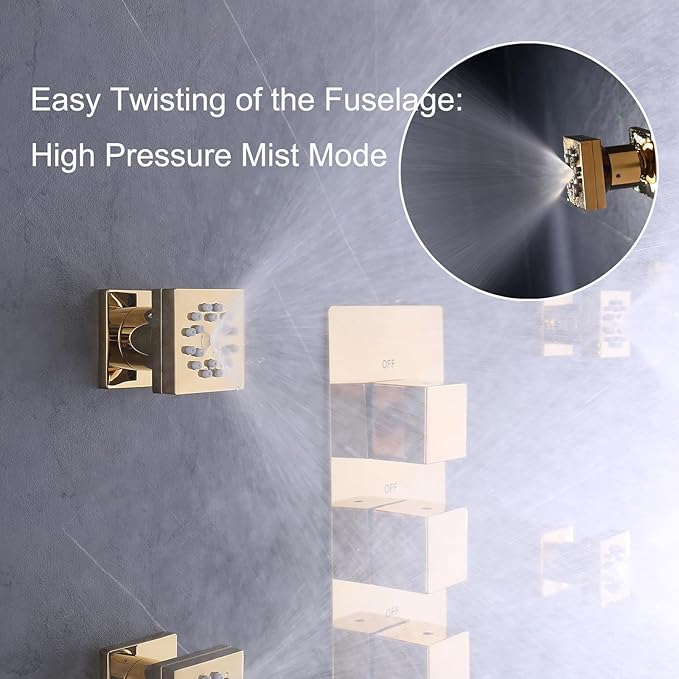 Polished Gold Shower Jet, 1 PCS Wall Mount Body Massage Body Jet with Rain & Spray Mode