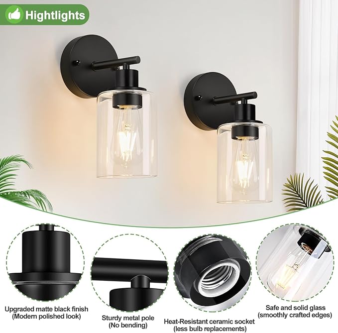 Zarbitta Set of 2 Wall Sconces for Bathroom,Black Modern Vanity Lights with Clear Glass Shade,Bathroom Wall Lamp for Mirror Kitchen Living Room Hallway Cabinet Porch