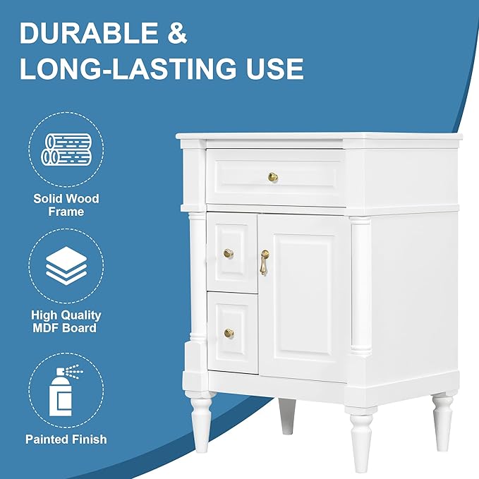 Harper & Bright Designs 24" Bathroom Vanity with Sink, Free Standing Bathroom Vanity Set with Flip Drawer, 2 Drawers, and Adjustable Shelf, Wood Storage Cabinet with Ceramic Basin for Bathroom, White