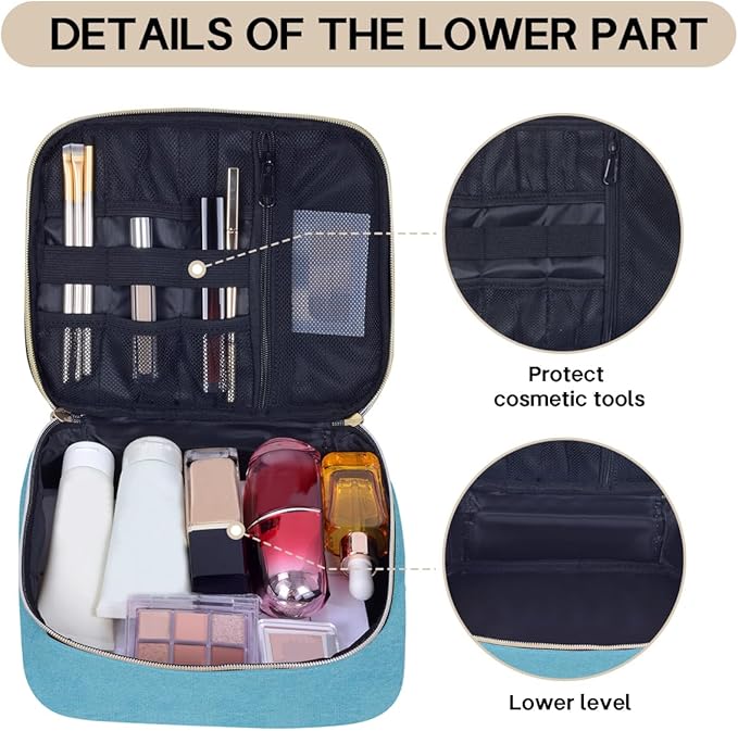 TANPADUAJI Double Layer Makeup Bag Portable Large Cosmetic Case Organizer with Adjustable Dividers Storage Travel Bag for Accessories Brushes Conditioner and Skin Care Products (Green)