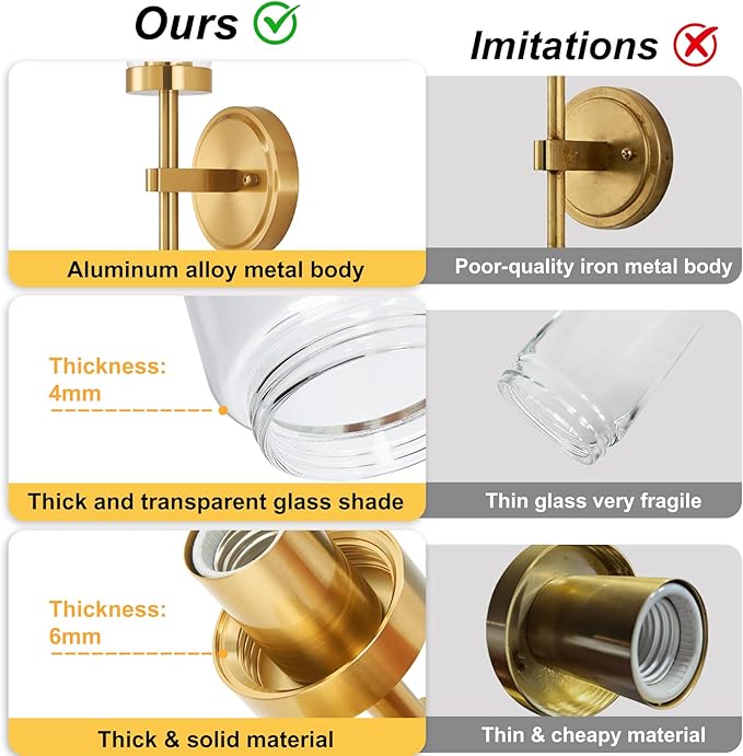 Hardwired Wall Sconces Set of Two, Brushed Gold Bathroom Sconces Wall Lighting Vanity Light Fixtures with Clear Glass, Brushed Brass Wall Decor Lights for Mirror Living Room Bedroom Hallway Stairwell