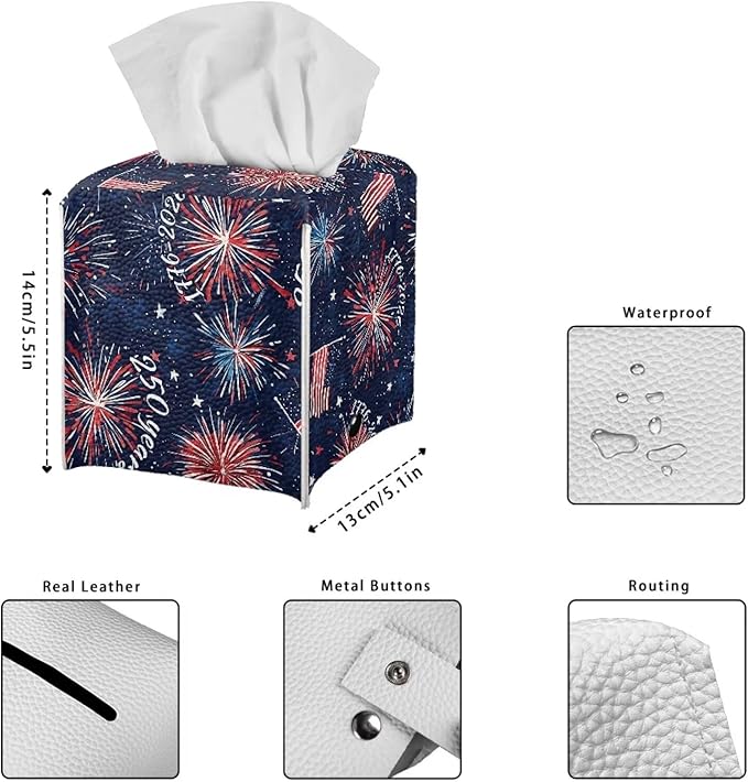 Firework USA Flag Tissue Box Holder Waterproof PU Leather Square Modern Tissue Box Cover with Metal Button Napkin Holder for Home Office Car