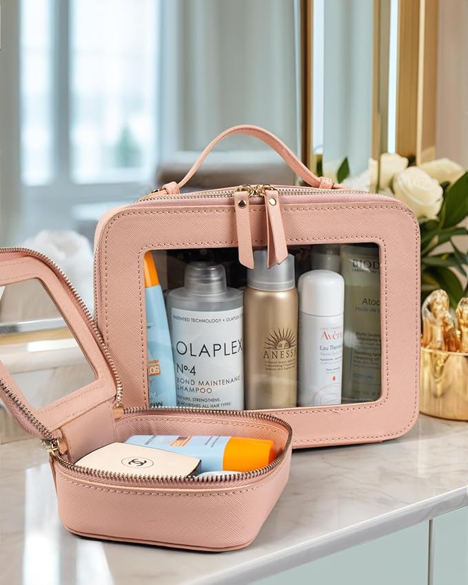 LETGO 2 Pack Clear Travel Toiletry Bag for Women, Large & Mini Waterproof PU TSA Approved Cosmetic Pouches,Portable Beach Vacation Makeup Organizer Set,See Through Skincare Sunscreen Bags for Women