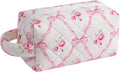 HHQQWZ Makeup Bag Travel Cosmetic Bag for Women, Zipper Make Up Pouch, Floral Flowers Toiletry Organizer Makeup with Handle, Cosmetic Travel Cloth Bag (Pink Bowknot)