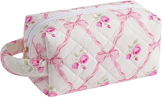 HHQQWZ Makeup Bag Travel Cosmetic Bag for Women, Zipper Make Up Pouch, Floral Flowers Toiletry Organizer Makeup with Handle, Cosmetic Travel Cloth Bag (Pink Bowknot)