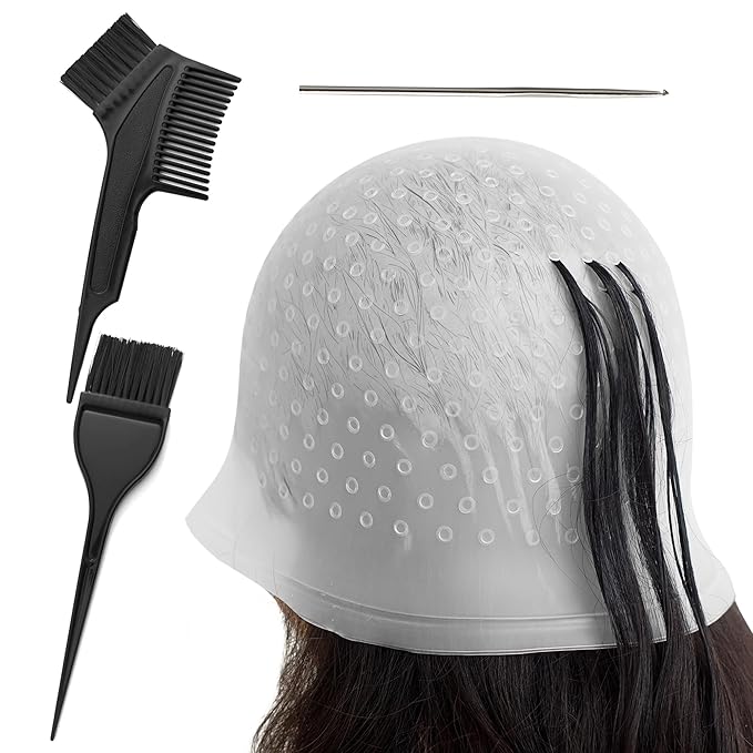 Highlighting Cap Silicone Hair Highlighting Kit Reusable Highlights Hair Dye Kit with 2 Hair Coloring Brush for Color Hair Salon Hairdressing Dyeing Staining Tools