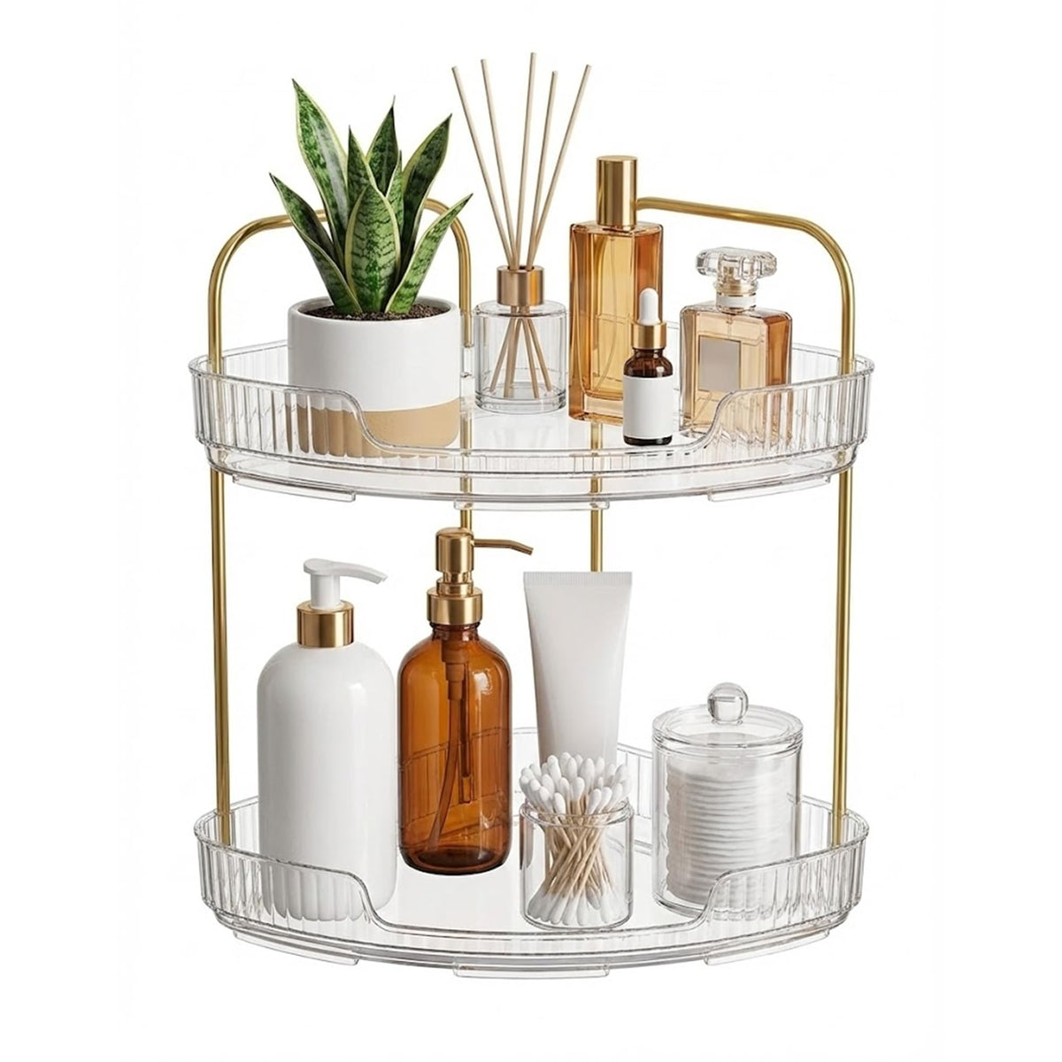 2-Tier Acrylic Corner Bathroom Organizer, 9" x 9" x 11" Large Round Countertop Shelf with Handle, Clear Acrylic Skincare & Makeup Storage Tray, Waterproof Vanity Organizer for Kitchen & Dresser
