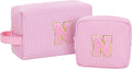 Initial Makeup Bag Cosmetic Bag Bridal Shower Gifts - Bridesmaid Bag,Bridesmaid Proposal Gifts for Wedding Day,Maid Matron of Honor Gift, Bride to be Gifts,Bachelorette Party Favors,2PCS,Pink N