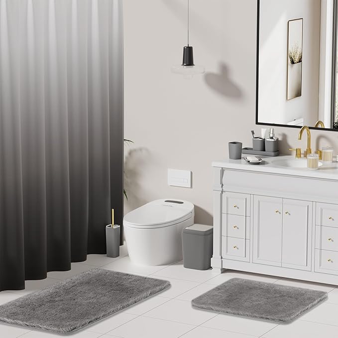 XLHOMO Grey Bathroom Accessories Set, Bathroom Sets with Shower Curtain and Rugs, Trash Can, Tray, Soap Dispenser, Soap Dish, Toothbrush Holder, Toothbrush Cup,Toilet Brush and Qtip Holders for Home