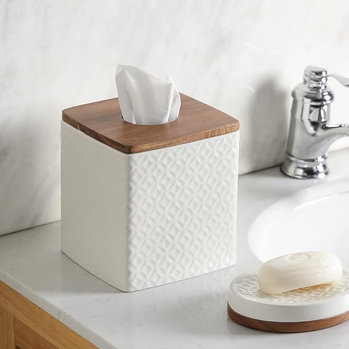 Bathroom Accessories - Ceramic Tissue Holder with Wooden Lid, Decorative Square Tissue Cover Box (White and Beige)