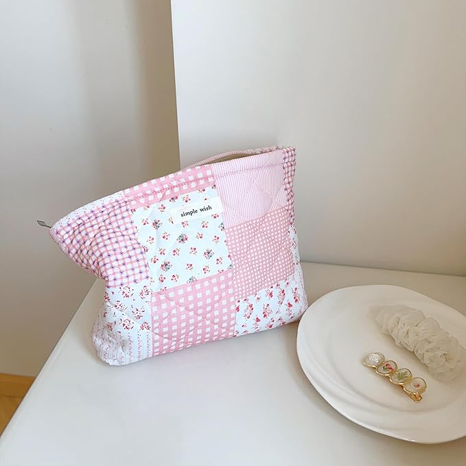 Sminra Quilted Floral Makeup Bag for Women, Cotton Cosmetic Pouch with Zipper, Slim Travel Toiletry Organizer for Makeup, Skincare and Daily Essentials Organizer (Pink Floral-L)