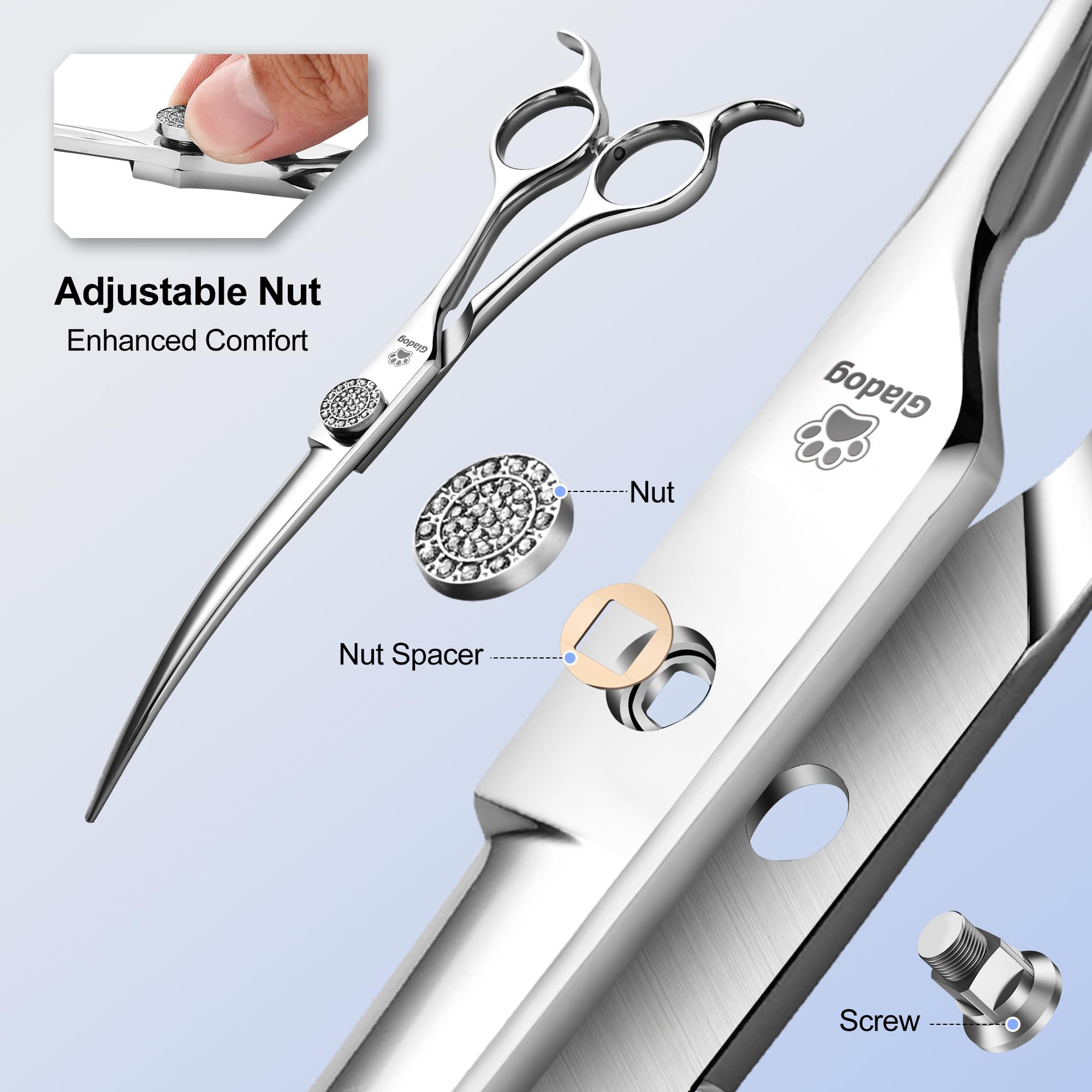 GLADOG Luxury Dog Grooming Scissors Set - 7" Straight, 6.5" Thinning, 7" Chunkers, 7" Curved - 9CR Steel, Silver Luxe, Right Hand, Plastic Handle, 4 Count