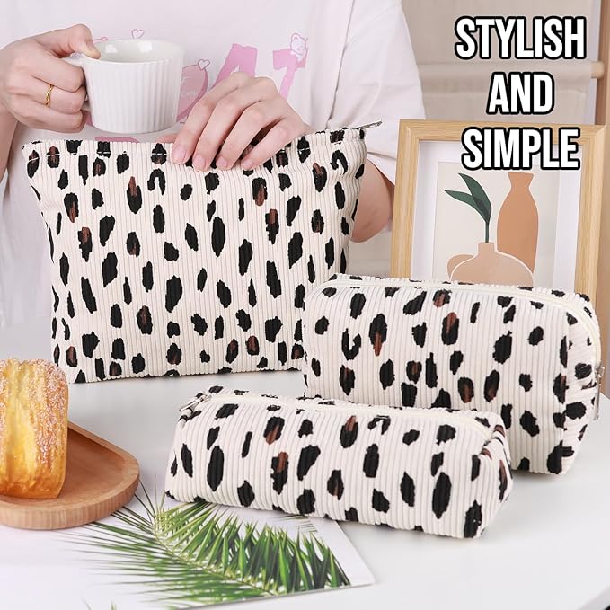 Gocvo 3 Pcs Makeup Bag Cosmetic Bag Set for Girls Women Travel Organizer Bathroom Toiletry Pouch Large Capacity Storage Bag (Leopard Beige)
