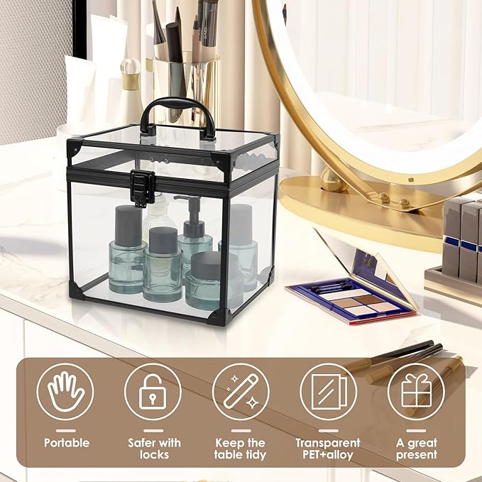 Fizocosisto Makeup Box,Clear Cosmetic Case with Latches and Handle Large Capacity Toiletry Organizer Box Travel Makeup Tools for Vanity Bathroom Counter Dresser(black)