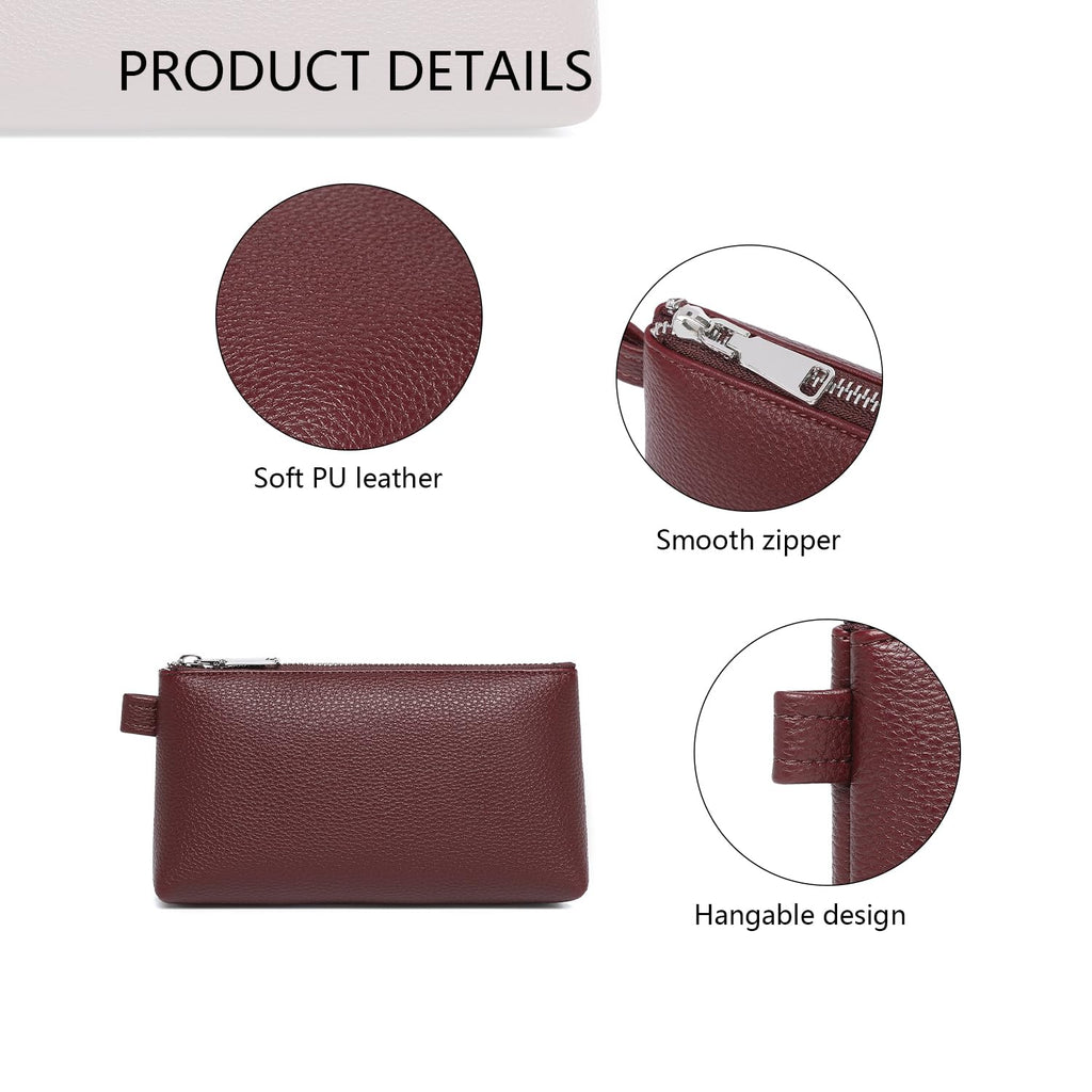 YONBEN Small Makeup Bag for Purse, Leather Cosmetic (Caramel Color)