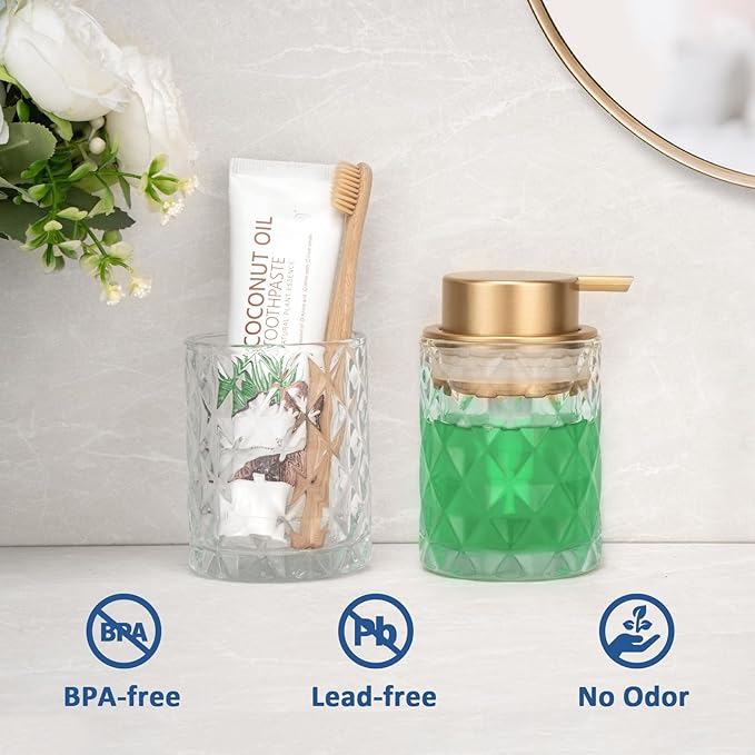 Bathroom Glass Soap Dispenser with Durable Rust-Proof Plastic Liquid Pump Hand Lotion Dispenser Antislip Shampoo Kitchen 10oz 2 Pack