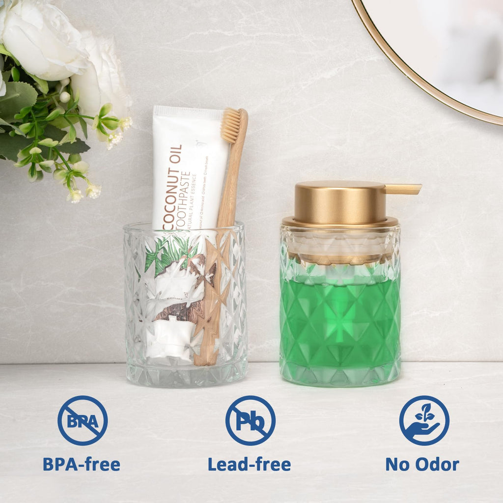 Bathroom Glass Soap Dispenser with Durable Rust-Proof Plastic Liquid Pump Hand Lotion Dispenser Antislip Shampoo Kitchen 10oz 2 Pack