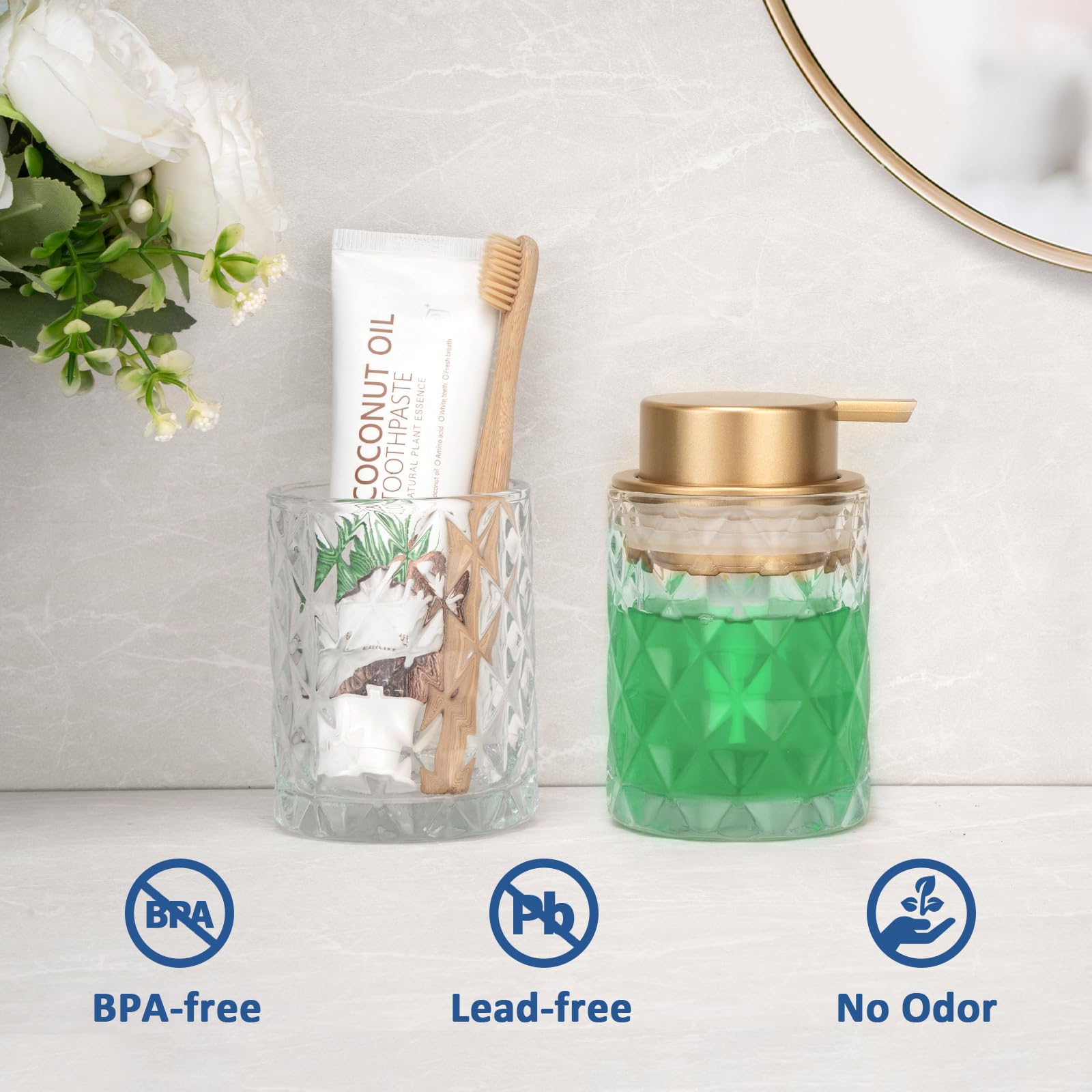 Bathroom Glass Soap Dispenser with Durable Rust-Proof Plastic Liquid Pump Hand Lotion Dispenser Antislip Shampoo Kitchen 10oz 2 Pack