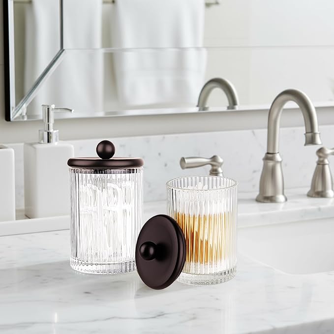 SheeChung 1Pack Glass Qtip Holder - Apothecary Jar Bathroom Organizer with Metal Lid - Small Vanity Canister for Cotton Swabs, Rounds, Floss Picks - Bathroom Glass Jar（Bronze Ribbed）