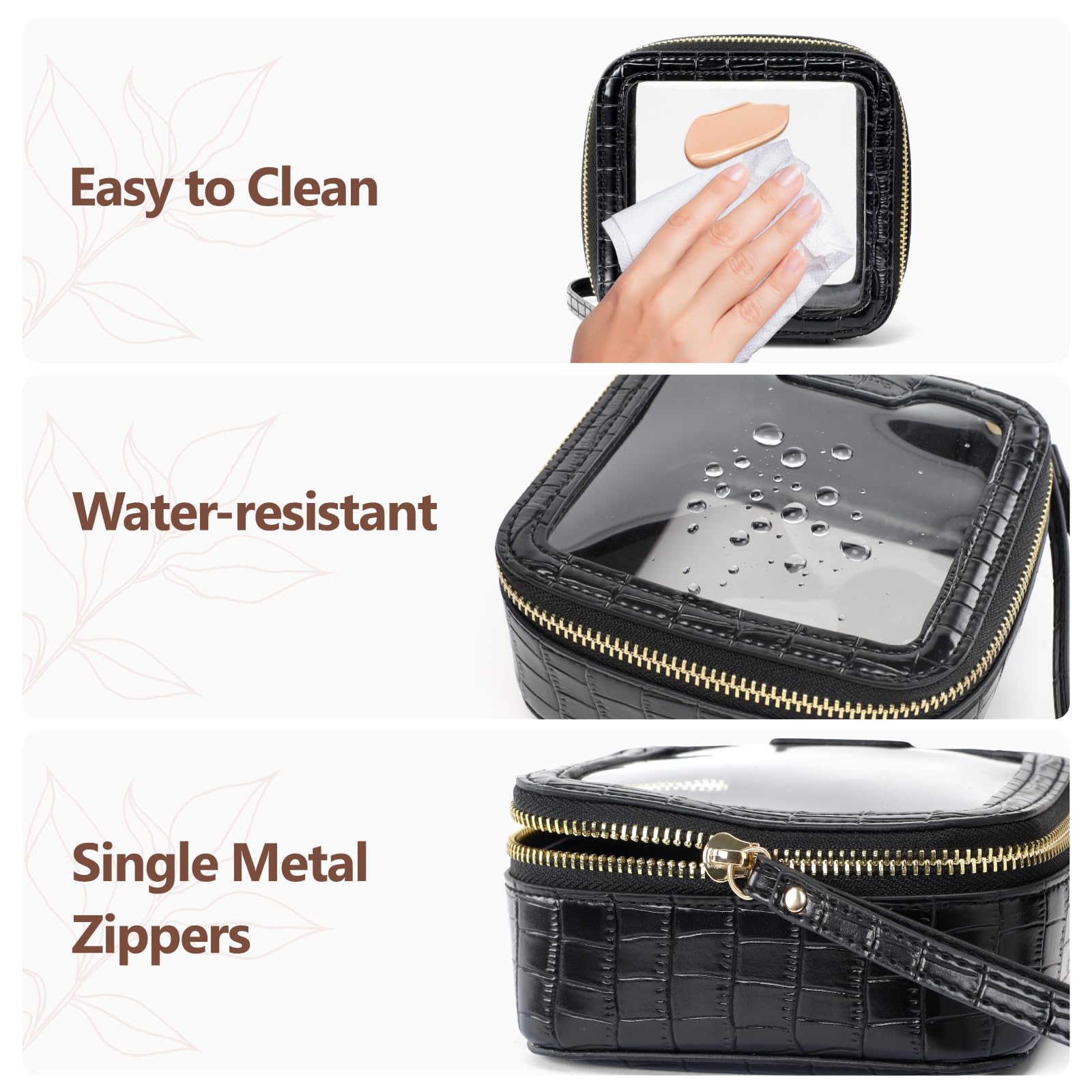 PACKISM Structured Clear Makeup Bag - Faux Leather Cosmetic Pouch with Reinforced Frame, Stand-Up Toiletry Organizer for Purse & Car Console, Mini Black