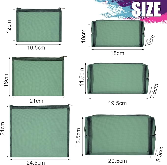 Boao 6 Pieces Mesh Makeup Bags Mesh Cosmetic Bag Portable Travel Organizing Zipper Pouch Toiletries Makeup Pouches for Home Office Travel Accessories(Green)