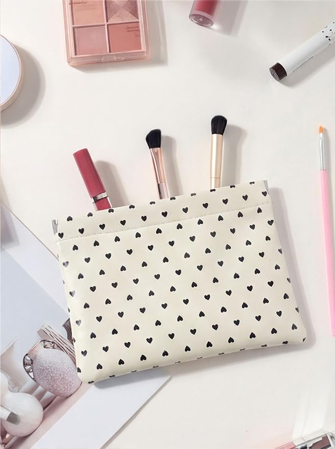 Ksriylm Hearts Leather Makeup Pouch Set for Women Small Make Up Bag for Purse Waterproof Initial Makeup Cosmetic Bags Pouches for Purse Aesthetic Travel Toiletry Bag,Heart White