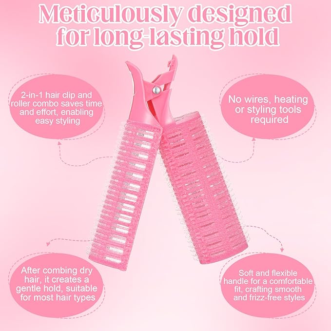 64 PCS Travel Hair Rollers Set for Women - 5 Sizes Self Grip Curlers with 2 Volumizing Roller Clips, 30 Pcs Clips & Comb in Portable Makeup Bag for Long/Medium/Short Hair & Bangs, Pink