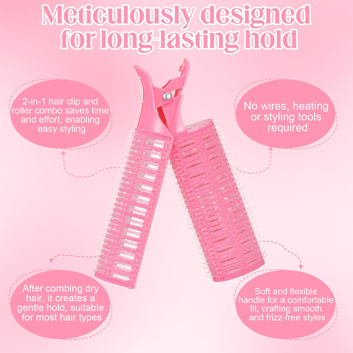 64 PCS Travel Hair Rollers Set for Women - 5 Sizes Self Grip Curlers with 2 Volumizing Roller Clips, 30 Pcs Clips & Comb in Portable Makeup Bag for Long/Medium/Short Hair & Bangs, Pink