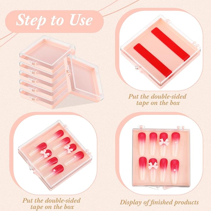 Landhoow 15 Pcs Press on Nail Storage Box with Adhesive Double Sided Tape Acrylic Artificial False Nail Packaging Display Case Organizer for Home Business Salon Supplies (Pink)
