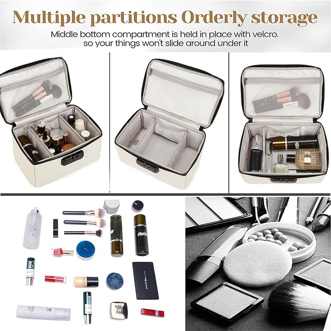 KaAutoler Portable makeup box with Lock, Large Capacity Travel Makeup Case Organizer, Makeup Bags for Girls Traveling With Handle and Divider Makeup Bag (off-white)