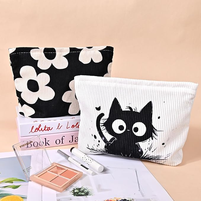 Ksriylm Cute Makeup Pouch for Women Flower Small Make Up Bag for Purse Zipper Initial Cosmetic Bags Pouches for Purse Aesthetic Travel Toiletrybags Gift,Black White Floral