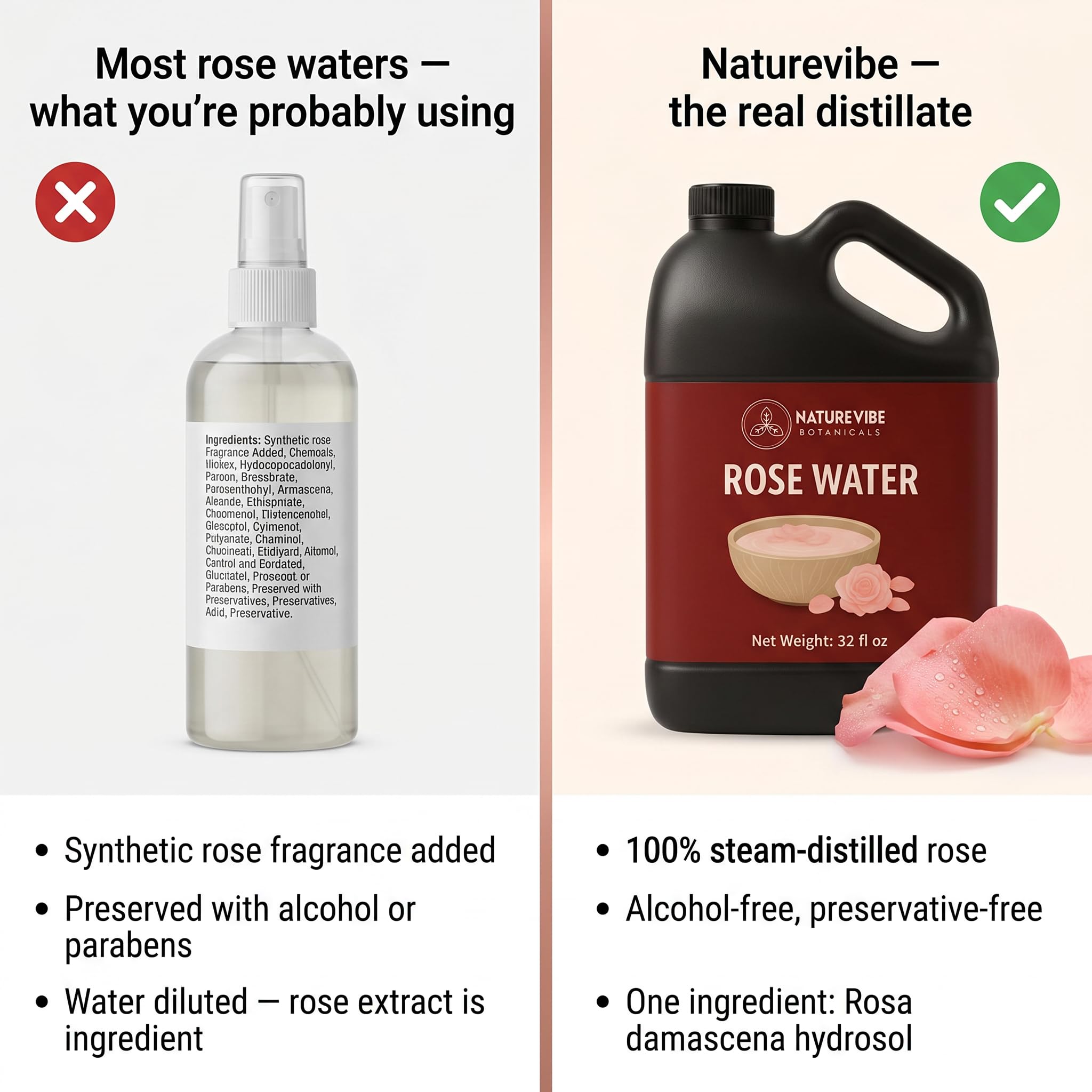 Naturevibe Botanicals Pure Rose Water Toner 32 oz Hydrating Facial Mist & Hair Spray | 100% Natural, Alcohol-Free Skin Care & Makeup Setting Spray