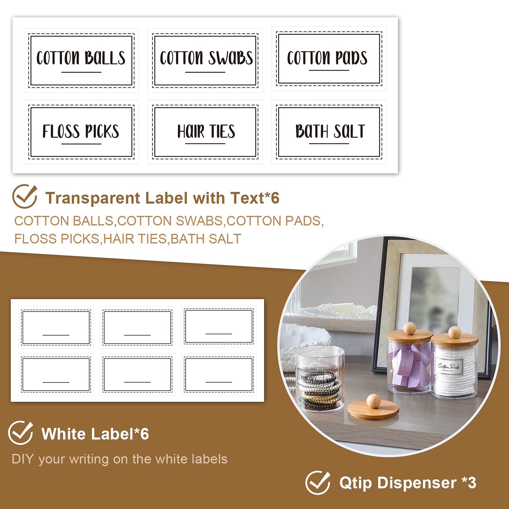 VITEVER 3 Pack Qtip Holder Dispenser with Bamboo Lids - 10 oz Clear Plastic Apothecary Jar Containers for Vanity Makeup Organizer Storage - Bathroom Accessories Set for Cotton Swab, Ball, Pads, Floss