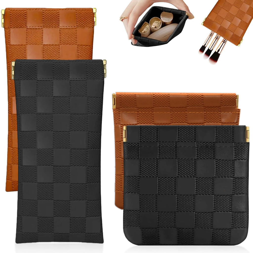 4Pcs Small Makeup Bag for Purse, Mini Checkered Leather Purse Pouches for Purse Small Makeup Pouch Small Coin Purse Organizer Pouches, Portable No Zipper Pocket Cosmetic Bag for Women (Black, Brown)
