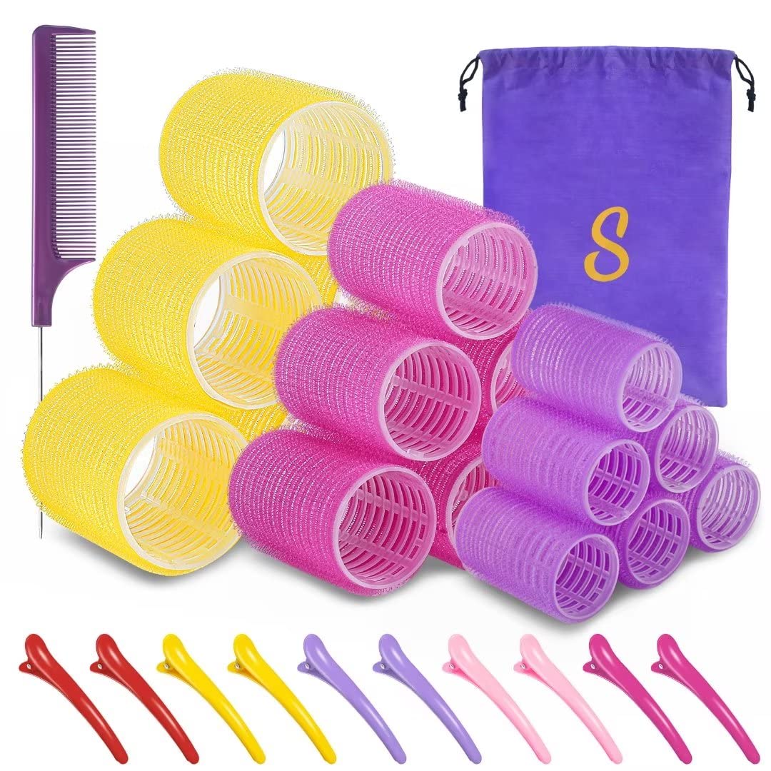 Sungenol Self Grip Hair Rollers Set, 18 Rollers in 3 Sizes with Clips