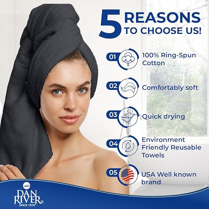 DAN RIVER 8 PC Luxury Bath Towels for Bathroom, 2 Bath, 2 Hand, and 4 Wash Cloths, 600 GSM 100% Ring Spun Cotton Towel Set, Highly Absorbent, Gym, Hotel, and Spa, Dark Gray