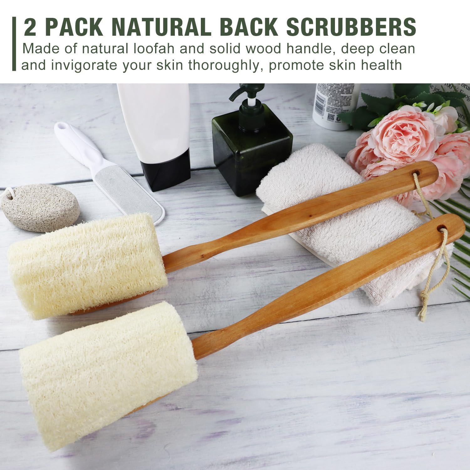2 Pack Natural Exfoliating Loofah Luffa Loofa Bath Brush On a Stick, Shower Sponge Back Scrubber with Long Wooden Handle for Men & Women, Deep Clean and Invigorate Your Skin Back Brush