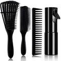 4pcs Curly Hair Brush Set for Adult & Kids Wet or Dry, Detangling Brush for 3/4ABC Hair with Detangler Spray Bottle & Wide Tooth Comb (3+1, Black)
