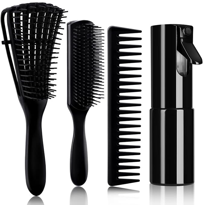 4pcs Curly Hair Brush Set for Adult & Kids Wet or Dry, Detangling Brush for 3/4ABC Hair with Detangler Spray Bottle & Wide Tooth Comb (3+1, Black)