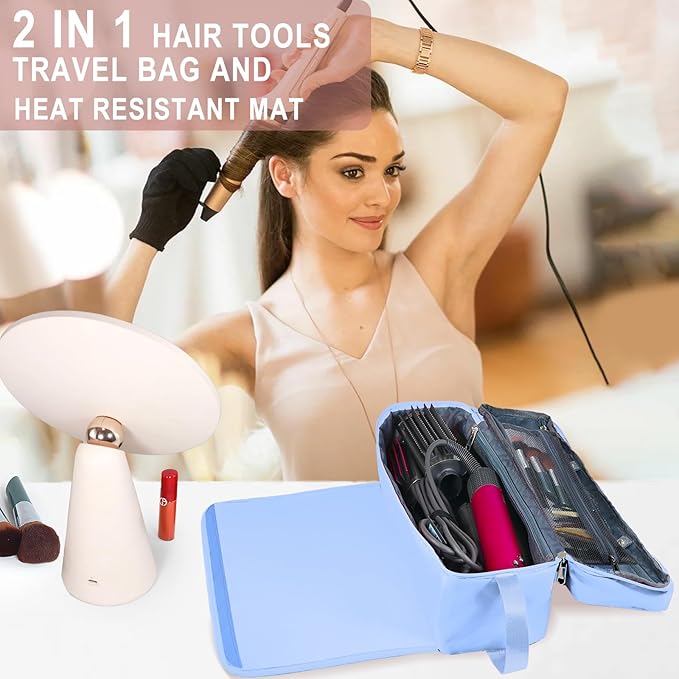 FAMOPLAY Hair Tools Travel Bag with Heat Resistant Mat Hair Styling Accessories Storage Case for Hair Dryer Flat Iron Straightener Curling Iron Haircare Accessories Travel Essentials for Women