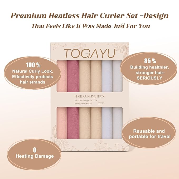 Togayu Heatless Curling Rods for Overnight Curls - Jumbo Soft Hair Rollers to Sleep in, No-Damage Flexi Rods with Silk Scarf - For All Hair Types and Texture - 6pcs