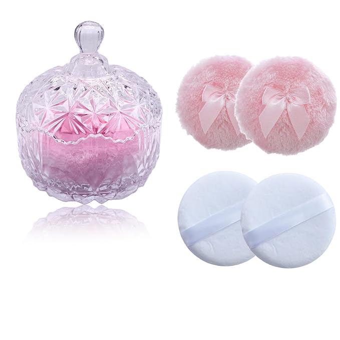 Qopoto 5 Pieces Large Body Powder Puff and Powder Container, Crystal Case for Dust Puff, Powder applicator with Box for Face and Body (Clear, Crown)
