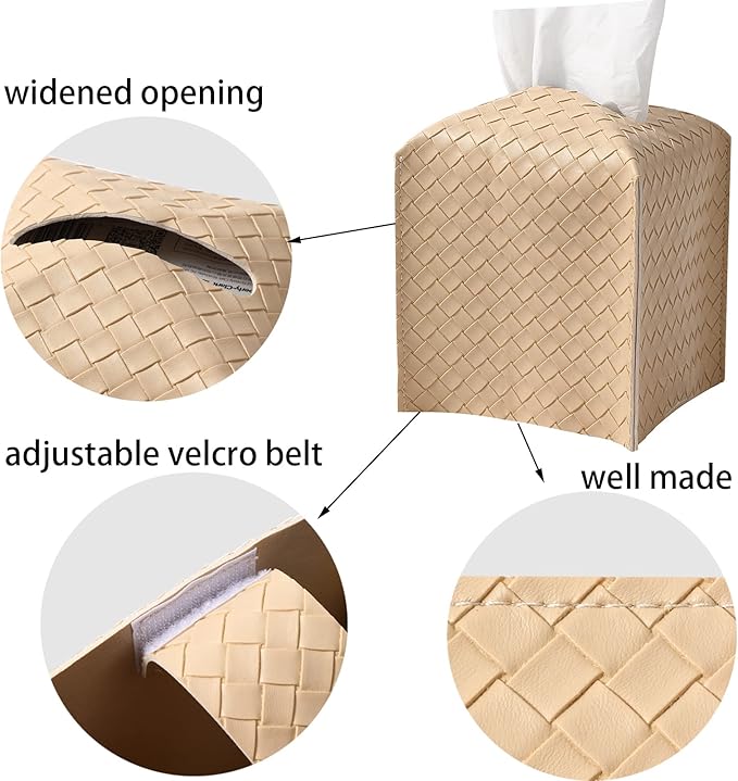 Tissue Box Cover PU Leather Tissue Holder Square Facial Tissue Case Facial Paper Organizer Dispenser for Bathroom, Vanity Countertop, Tabletop, Car, Rice Apricot