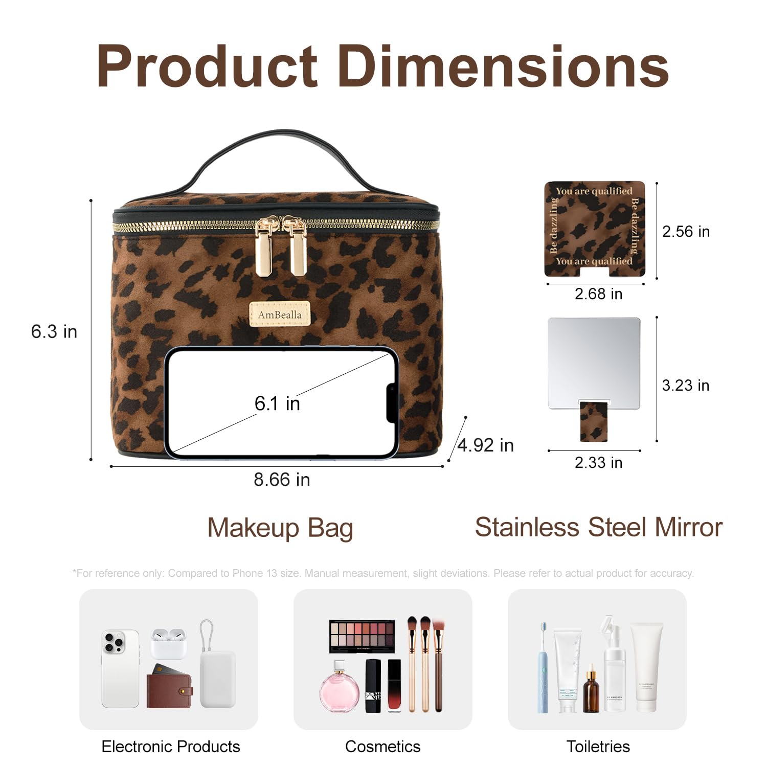 AmBealla Large Makeup Travel Bag Cosmetic Bags with Makeup Mirror and Brush Holder,Makeup Organizer Leopard Print for Women,Portable Toiletry Bag for Fashion Girls