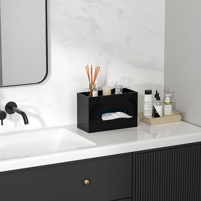 Hongtuocb Black Acrylic Tissue Box Cover Rectangular,Acrylic Tissue Dispenser with Storage Tray for Bathroom Kitchen Home Office (Black, 9.85x4.5x6.3)