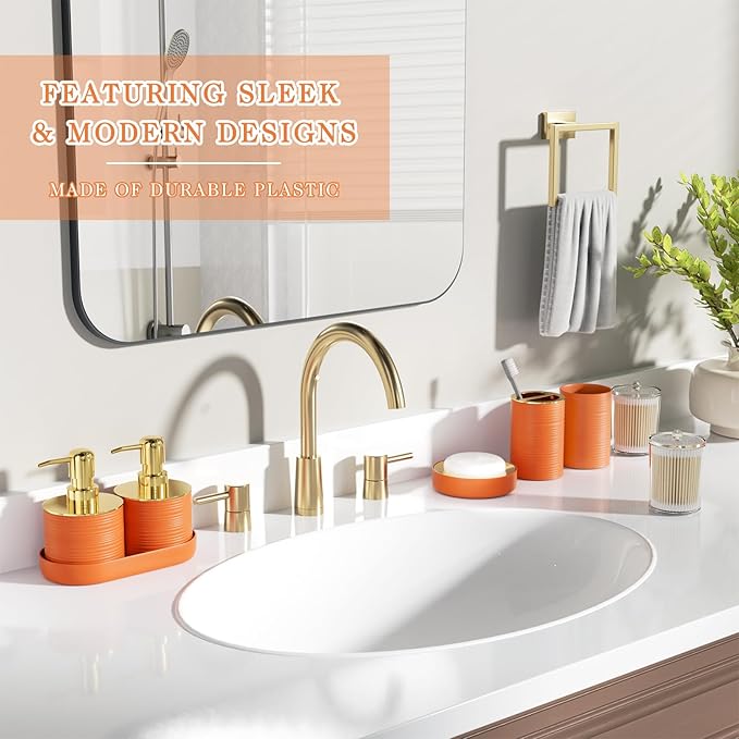 InnJoey Bathroom Set, 10PC Bathroom Accessory Set, Orange Bathroom Accessories, Orange and Gold Bathroom Set with Trash Can, Soap Dispensers