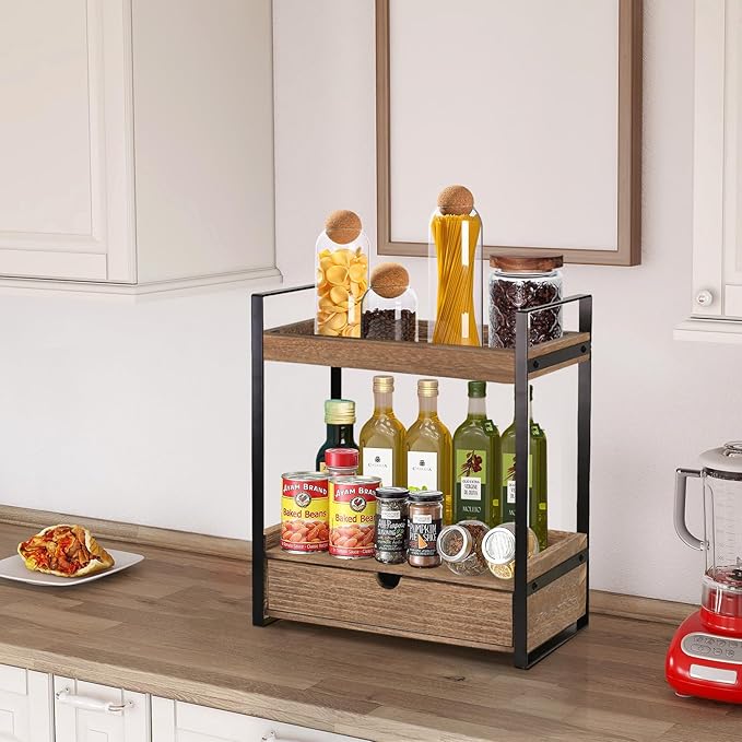 Ukonvi 2-Tier Bathroom Organizer Countertop with Drawer, Wood Counter Shelf for Storage, Vanity Tray for Organization and Decor, Countertop Organizer for Bathroom, Kitchen, Office (Dark Brown)